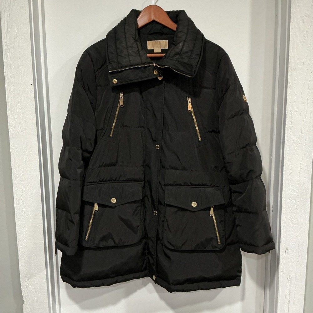 MICHAEL KORS High Collar Puffer Coat, Black With Gold Hardware, XL